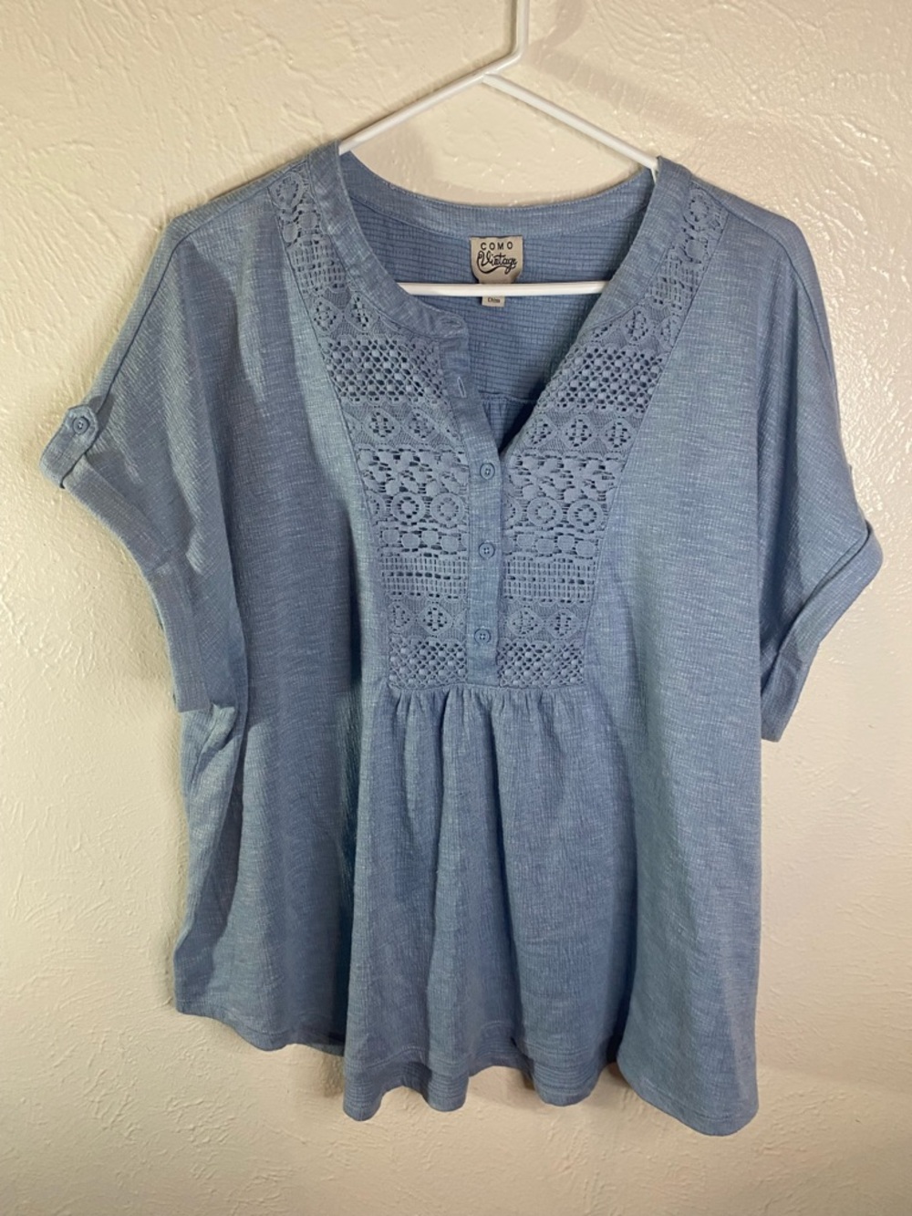 Como Vintage Dusty Blue Crochet Yoke Peasant Blouse